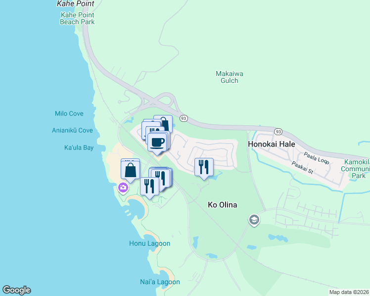 map of restaurants, bars, coffee shops, grocery stores, and more near 92-1194 Olani Street in Kapolei