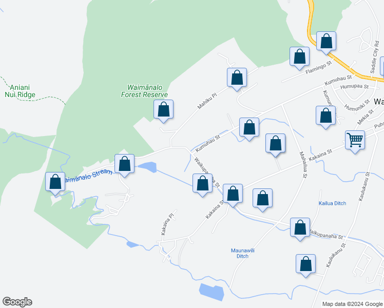 map of restaurants, bars, coffee shops, grocery stores, and more near Waikupanaha St & Kumuhau St in Waimanalo