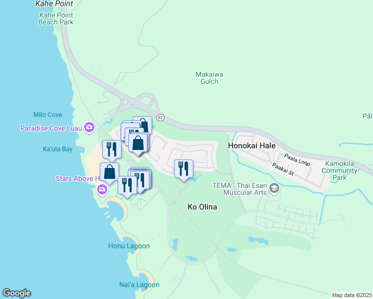 map of restaurants, bars, coffee shops, grocery stores, and more near 92-1055 Koio Drive in Kapolei