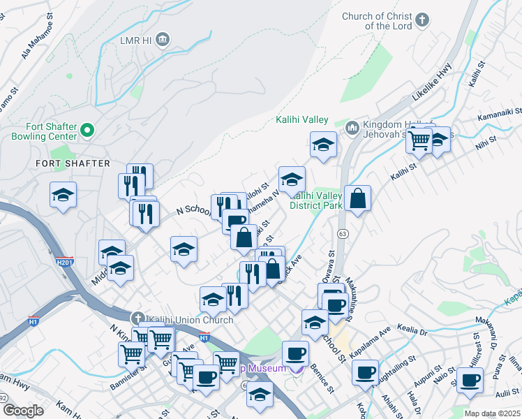 map of restaurants, bars, coffee shops, grocery stores, and more near 1645 Kamehameha IV Road in Honolulu