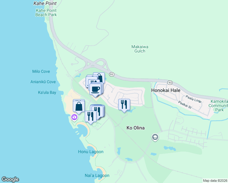 map of restaurants, bars, coffee shops, grocery stores, and more near 92-1194 Olani Street in Kapolei