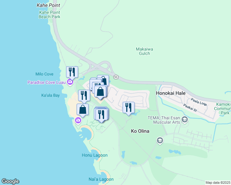 map of restaurants, bars, coffee shops, grocery stores, and more near 92-1202 Olani Street in Kapolei