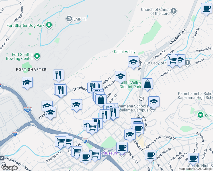 map of restaurants, bars, coffee shops, grocery stores, and more near 2434 Kini Place in Honolulu