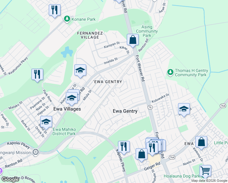 map of restaurants, bars, coffee shops, grocery stores, and more near 91-1129 Puamaeole Street in Ewa Beach