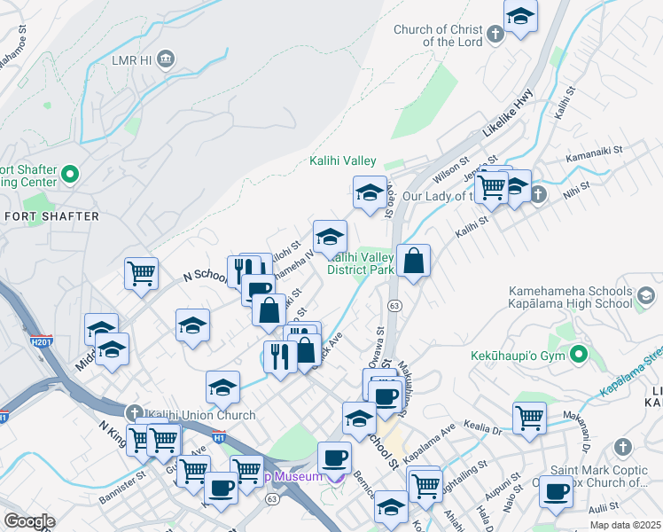 map of restaurants, bars, coffee shops, grocery stores, and more near 1803 Kamehameha IV Road in Honolulu