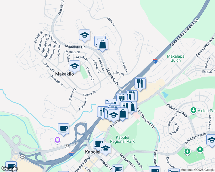 map of restaurants, bars, coffee shops, grocery stores, and more near 92-519 Awawa Place in Kapolei