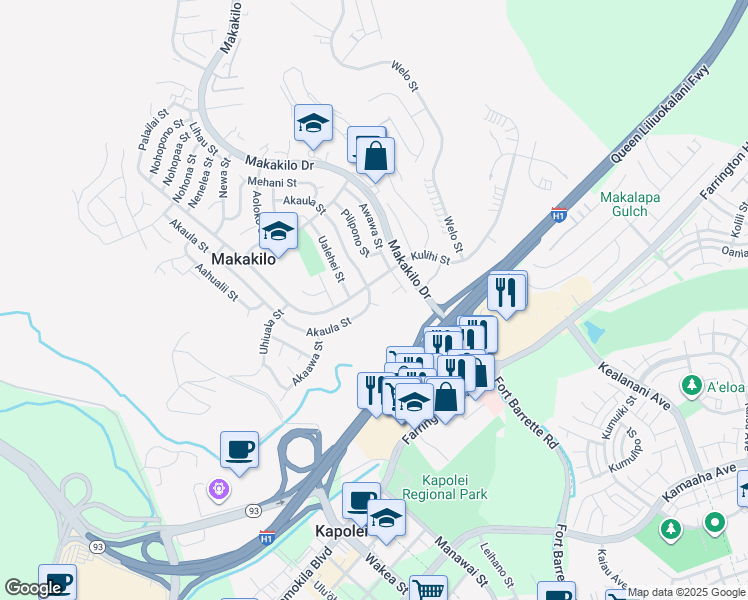 map of restaurants, bars, coffee shops, grocery stores, and more near 92-519 Awawa Place in Kapolei