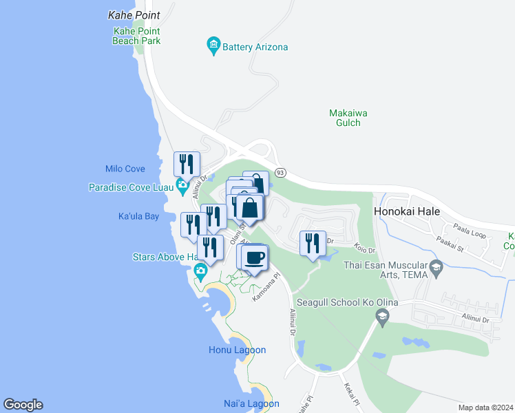 map of restaurants, bars, coffee shops, grocery stores, and more near 92-1080 Olani Street in Kapolei