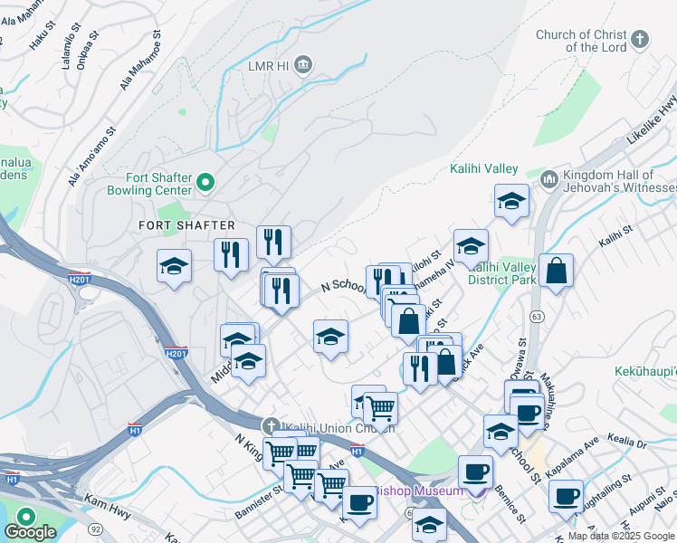 map of restaurants, bars, coffee shops, grocery stores, and more near 1611 Meyers Street in Honolulu