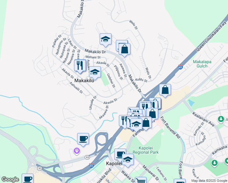 map of restaurants, bars, coffee shops, grocery stores, and more near 92-506 Ualehei Street in Kapolei