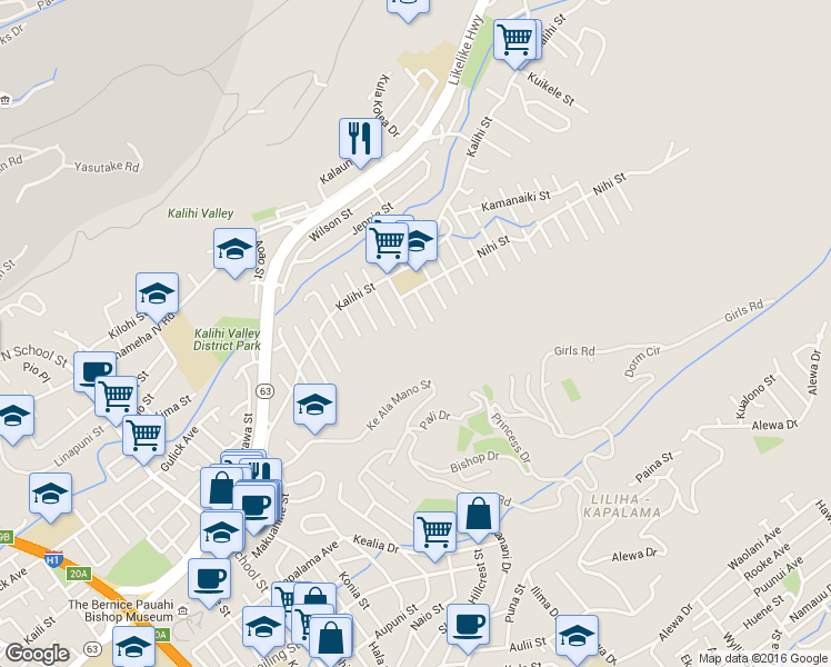 map of restaurants, bars, coffee shops, grocery stores, and more near 1555 Laumaile Street in Honolulu