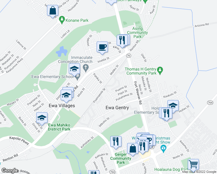 map of restaurants, bars, coffee shops, grocery stores, and more near 91-1129 Puamaeole Street in Ewa Beach