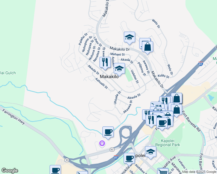 map of restaurants, bars, coffee shops, grocery stores, and more near 92-375 Akaula Street in Kapolei