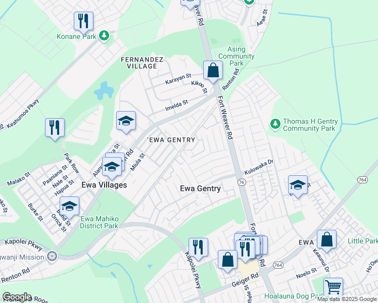 map of restaurants, bars, coffee shops, grocery stores, and more near 91-1089 Puamaeole Street in Ewa Beach