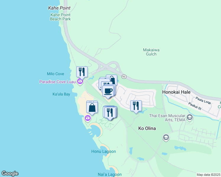 map of restaurants, bars, coffee shops, grocery stores, and more near 92-1160 Olani Street in Kapolei
