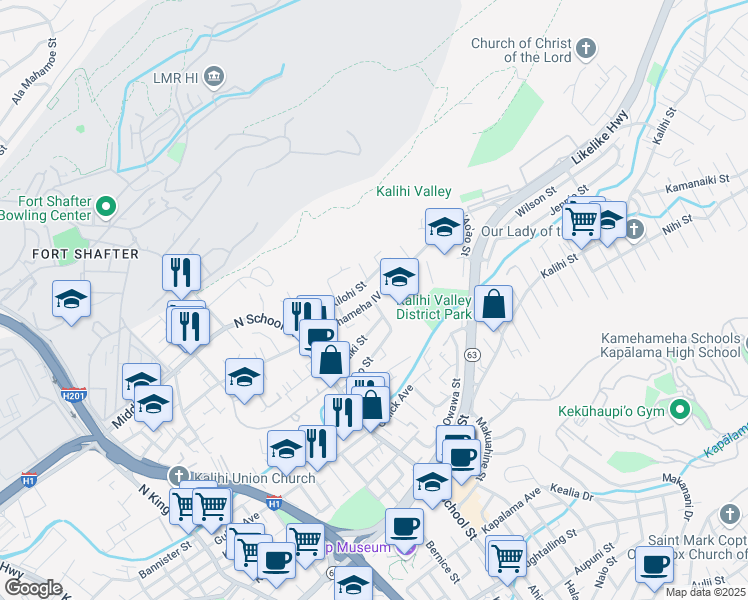 map of restaurants, bars, coffee shops, grocery stores, and more near 1756 Kamehameha IV Road in Honolulu