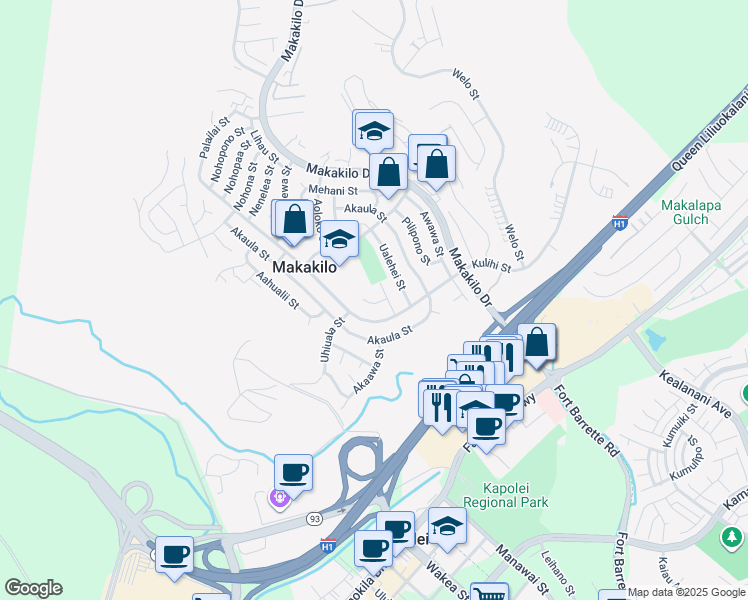 map of restaurants, bars, coffee shops, grocery stores, and more near 92-531 Kokole Place in Kapolei