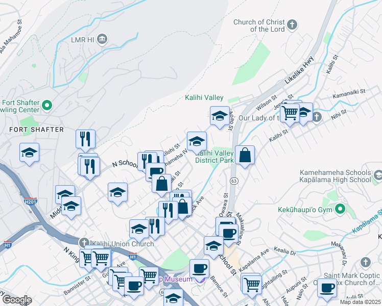 map of restaurants, bars, coffee shops, grocery stores, and more near 1803 Kamehameha IV Road in Honolulu