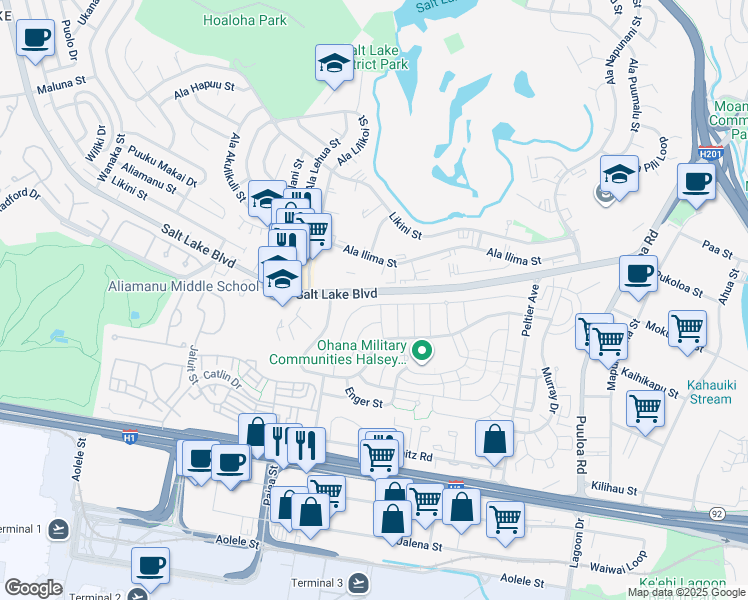 map of restaurants, bars, coffee shops, grocery stores, and more near 3004 Anderson Avenue in Honolulu