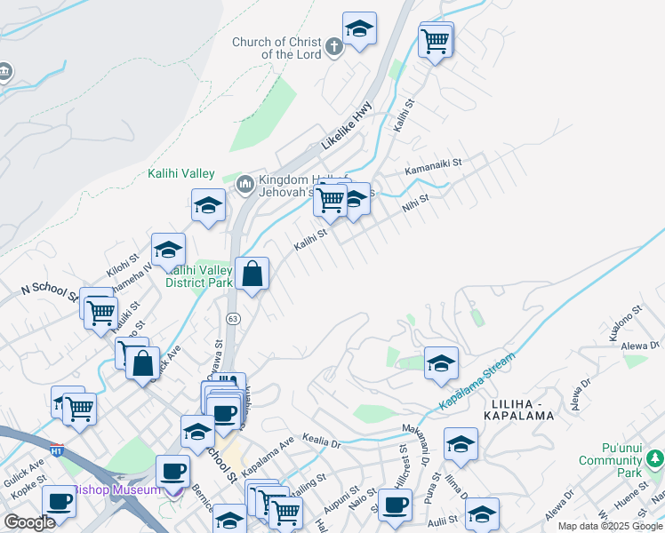 map of restaurants, bars, coffee shops, grocery stores, and more near 1575 Machado Street in Honolulu