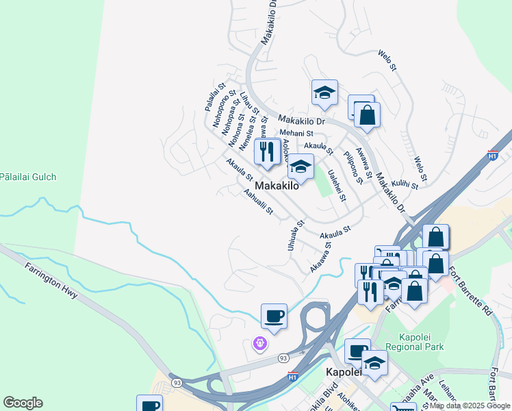 map of restaurants, bars, coffee shops, grocery stores, and more near 92-656 Aahualii Street in Kapolei