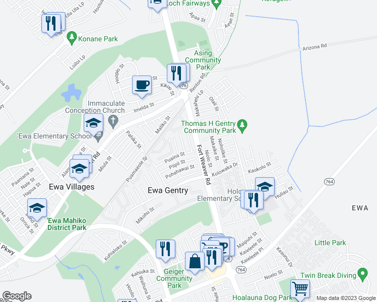 map of restaurants, bars, coffee shops, grocery stores, and more near 91-1210 Puaina Street in Ewa Beach