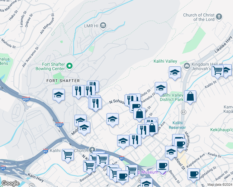 map of restaurants, bars, coffee shops, grocery stores, and more near 1611 Meyers Street in Honolulu