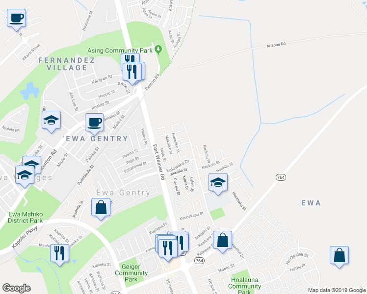 map of restaurants, bars, coffee shops, grocery stores, and more near 91-202 Makaina Place in Ewa Beach