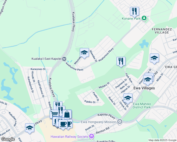 map of restaurants, bars, coffee shops, grocery stores, and more near Malako Street in Ewa Beach