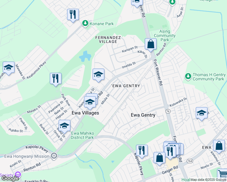 map of restaurants, bars, coffee shops, grocery stores, and more near 91-1515 Miula Street in Ewa Beach