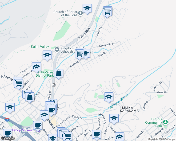 map of restaurants, bars, coffee shops, grocery stores, and more near 1555 Laumaile St in Honolulu