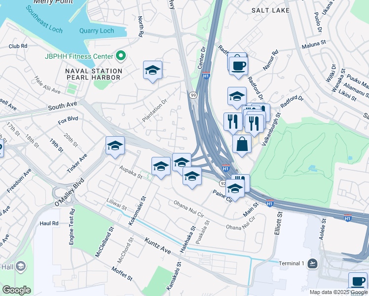 map of restaurants, bars, coffee shops, grocery stores, and more near 3399 Hooper Pl in Honolulu