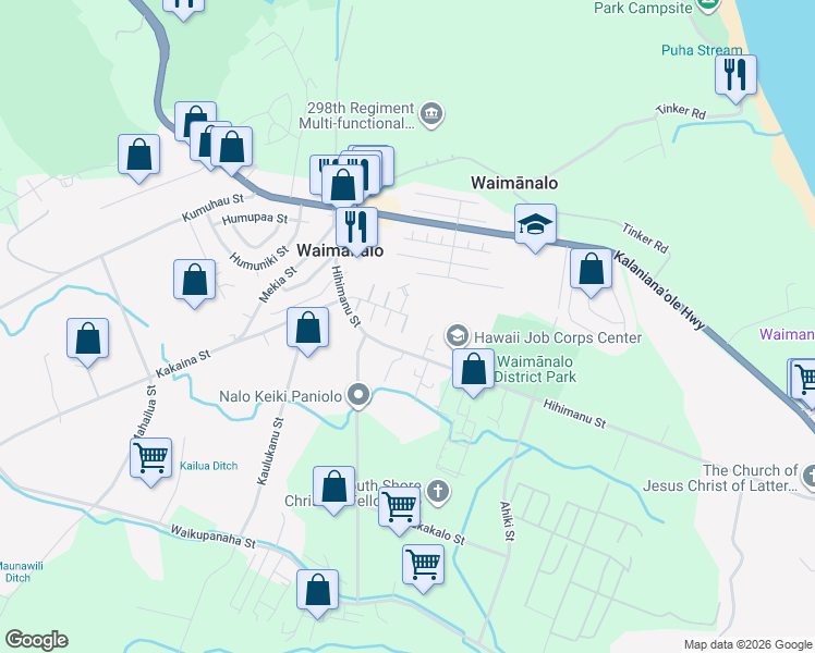 map of restaurants, bars, coffee shops, grocery stores, and more near 41-710 Kaaumoana Place in Waimanalo