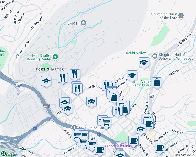 map of restaurants, bars, coffee shops, grocery stores, and more near 1611 Meyers Street in Honolulu