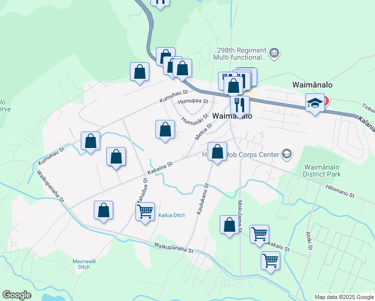 map of restaurants, bars, coffee shops, grocery stores, and more near 41-809 Mekia Street in Waimanalo