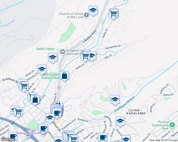 map of restaurants, bars, coffee shops, grocery stores, and more near 1575 Machado Street in Honolulu
