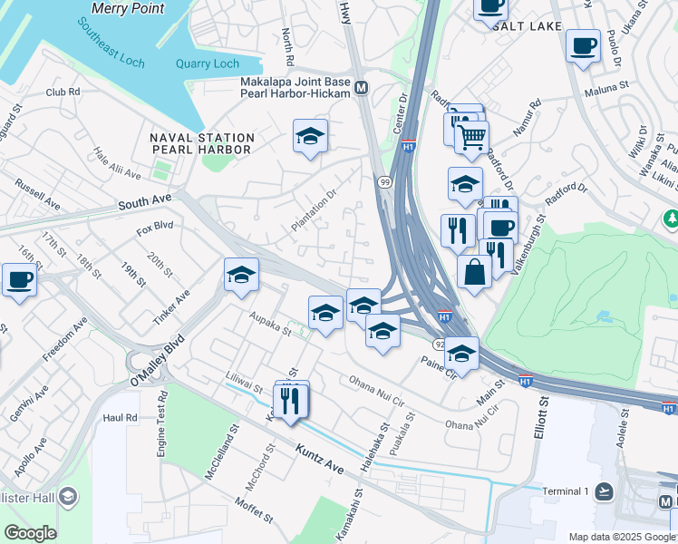 map of restaurants, bars, coffee shops, grocery stores, and more near 3399 Benoit Place in Honolulu