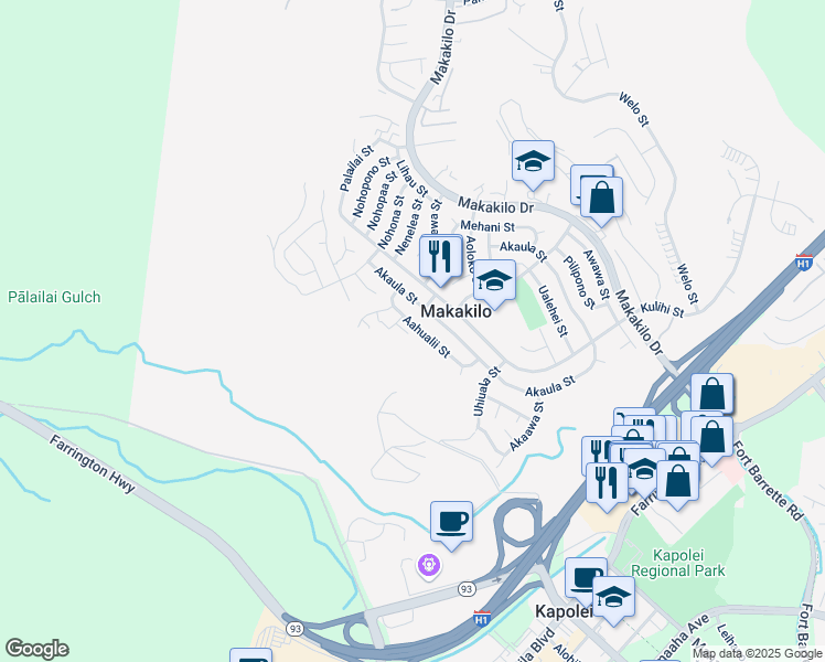 map of restaurants, bars, coffee shops, grocery stores, and more near 92-656 Aahualii Street in Kapolei