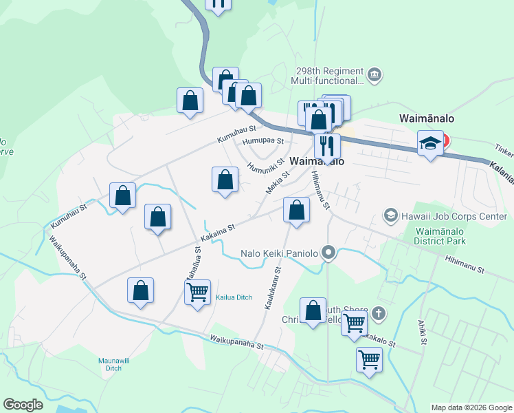 map of restaurants, bars, coffee shops, grocery stores, and more near 41-809 Mekia Street in Waimānalo