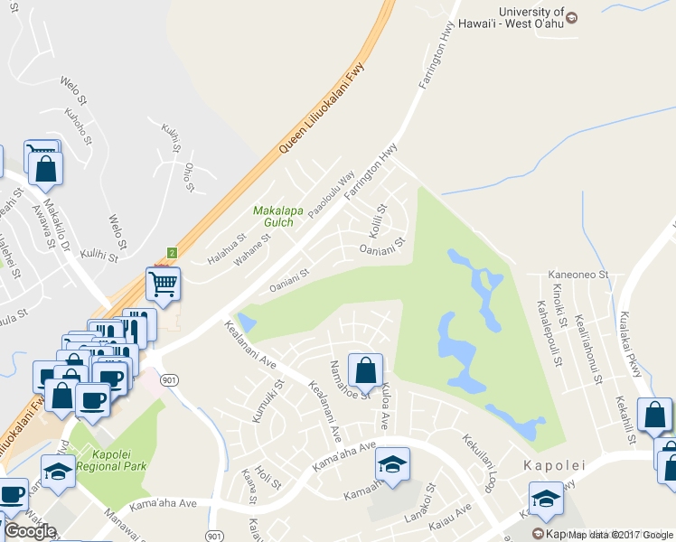 map of restaurants, bars, coffee shops, grocery stores, and more near 91-1015 Holunape Street in Kapolei