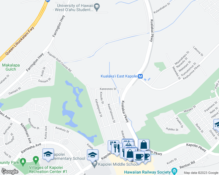 map of restaurants, bars, coffee shops, grocery stores, and more near 91-290 Kaapuwai Place in Kapolei