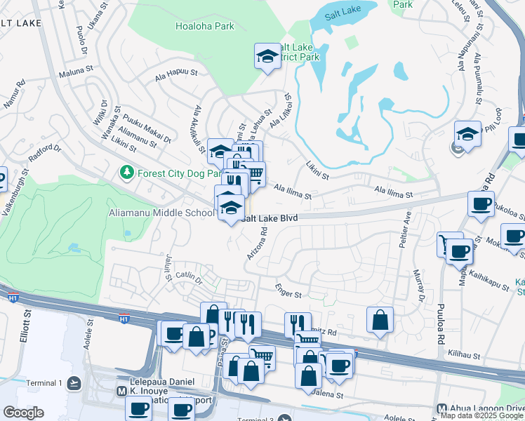 map of restaurants, bars, coffee shops, grocery stores, and more near 827 Ala Lilikoi Street in Honolulu