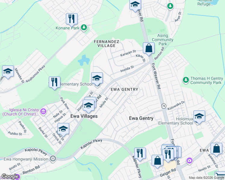 map of restaurants, bars, coffee shops, grocery stores, and more near 91-1515 Miula Street in Ewa Beach