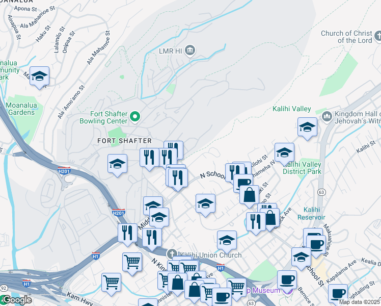 map of restaurants, bars, coffee shops, grocery stores, and more near 2041 Simpson Street in Honolulu