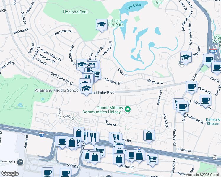 map of restaurants, bars, coffee shops, grocery stores, and more near 3004 Anderson Avenue in Honolulu