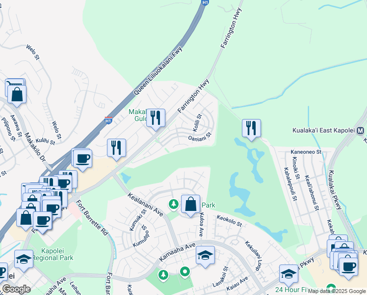 map of restaurants, bars, coffee shops, grocery stores, and more near 91-1015 Holunape Street in Kapolei
