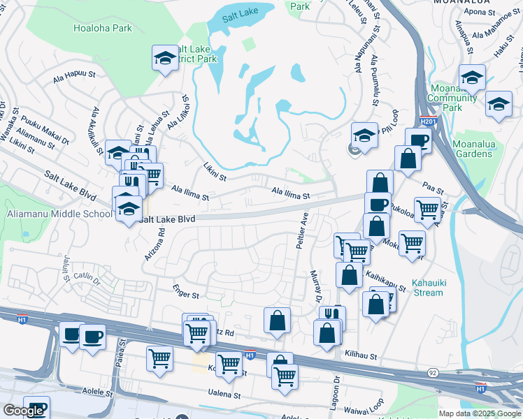map of restaurants, bars, coffee shops, grocery stores, and more near 829 Rogers Street in Honolulu