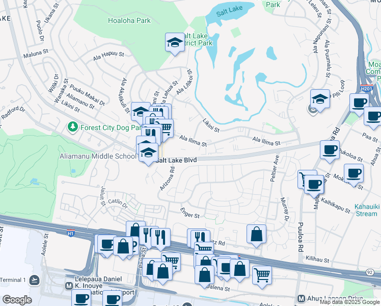 map of restaurants, bars, coffee shops, grocery stores, and more near 3004 Anderson Avenue in Honolulu