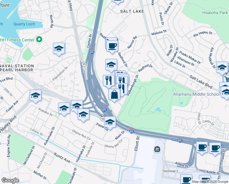 map of restaurants, bars, coffee shops, grocery stores, and more near 4827 Bougainville Drive in Honolulu