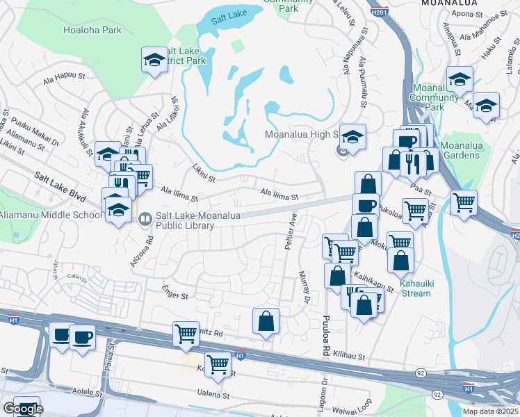 map of restaurants, bars, coffee shops, grocery stores, and more near 2977 Ala Ilima Street in Honolulu